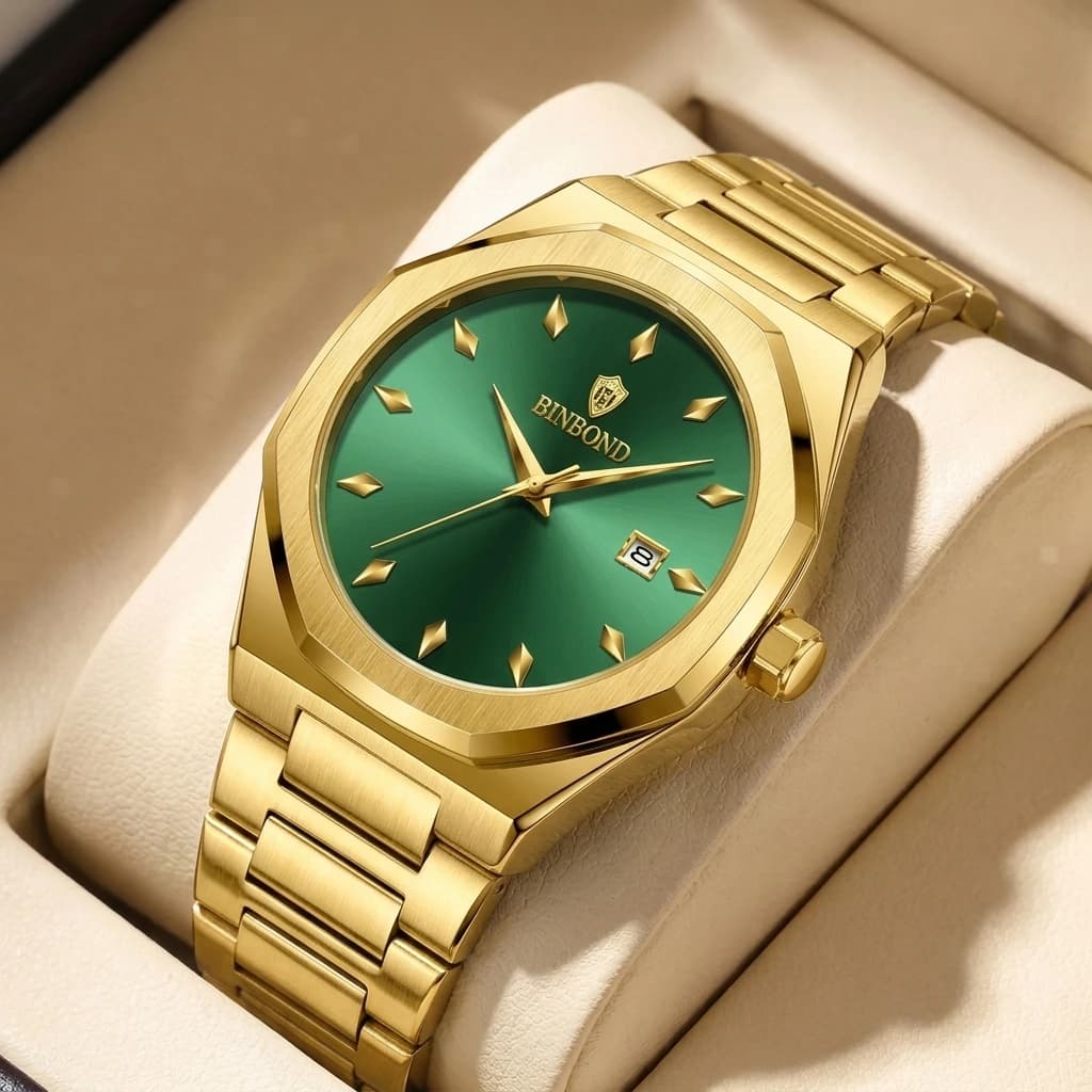 Relógio com pulseira de metal simples e elegante, com mostrador verde, caixa octogonal, design de calendário, adequado para uso diário, 1 unidade