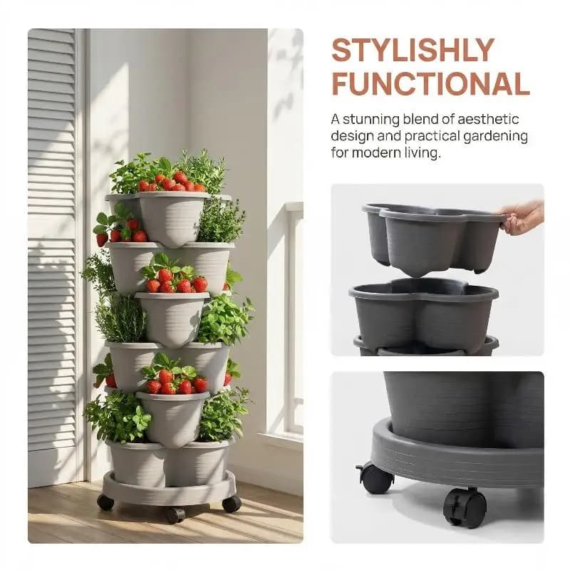 Estante vertical de múltiplas camadas para plantas com vasos cinza e rodas pretas, plantas verdes e vermelhas