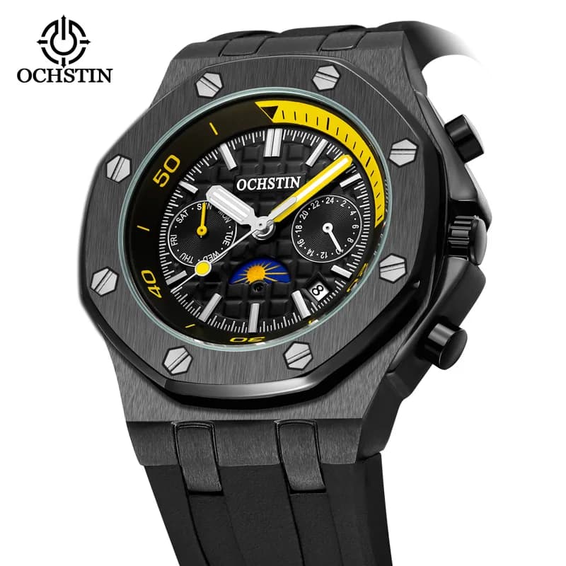 Relógio Masculino OCHSTIN Automático de Luxo com Caixa Octogonal Escovada, Mostrador de Data e Dia AM/PM, Ponteiros Luminosos, Relógio de Pulso Mecânico Masculino para Presente