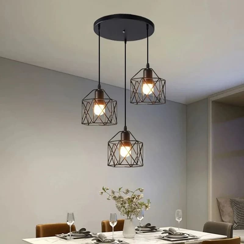 Luminárias pendentes modernas pretas com design de gaiola para sala de jantar