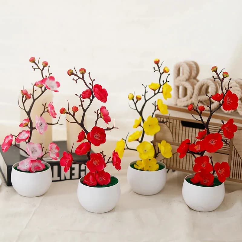 Planta Artificial em Vaso de Flor de Ameixa Simulada, Flores Falsas de Plástico para Decoração de Casa e Escritório, Ornamentos para Casamentos e Festas