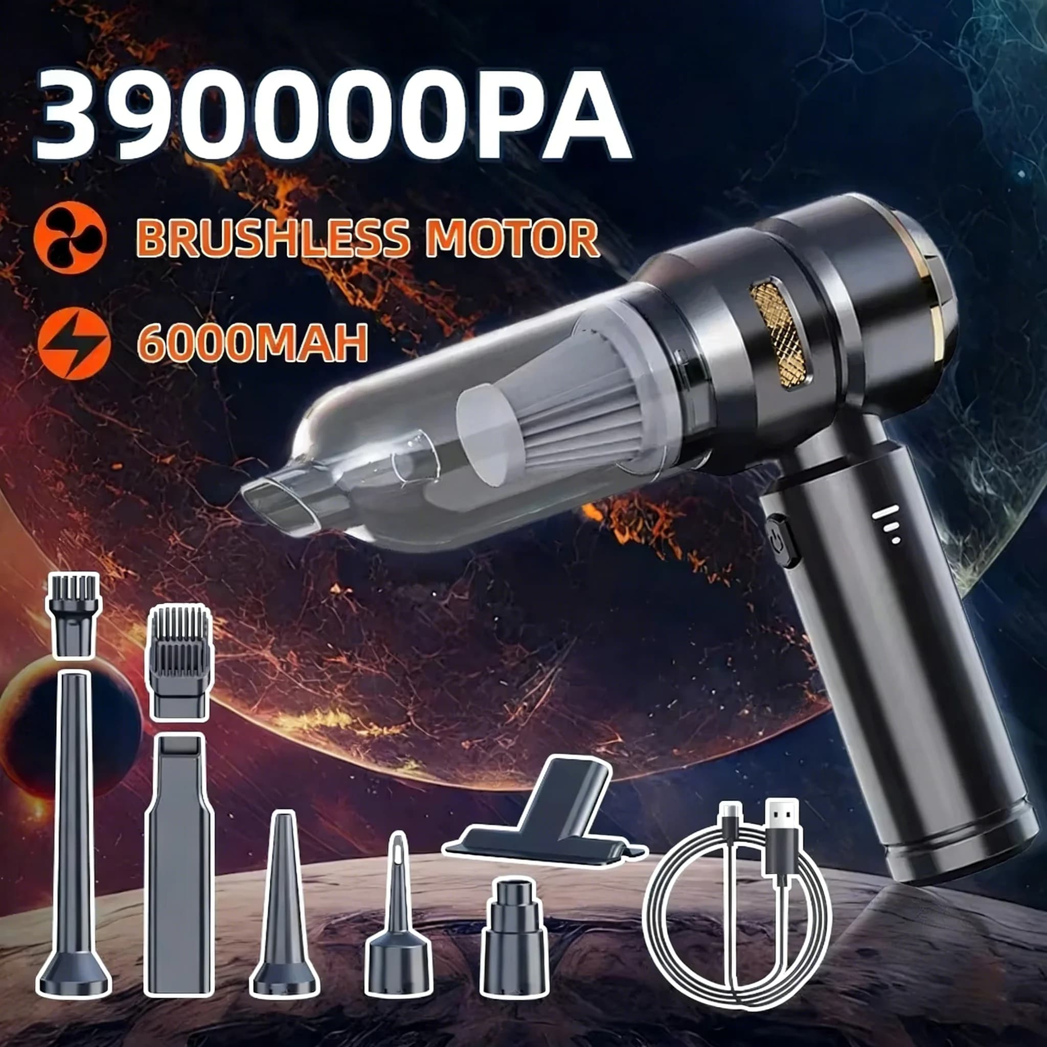 Aspirador de pó para carro portátil sem fio com motor sem escovas, preto e cinza, 39000PA, motor brushless, 6000mAh