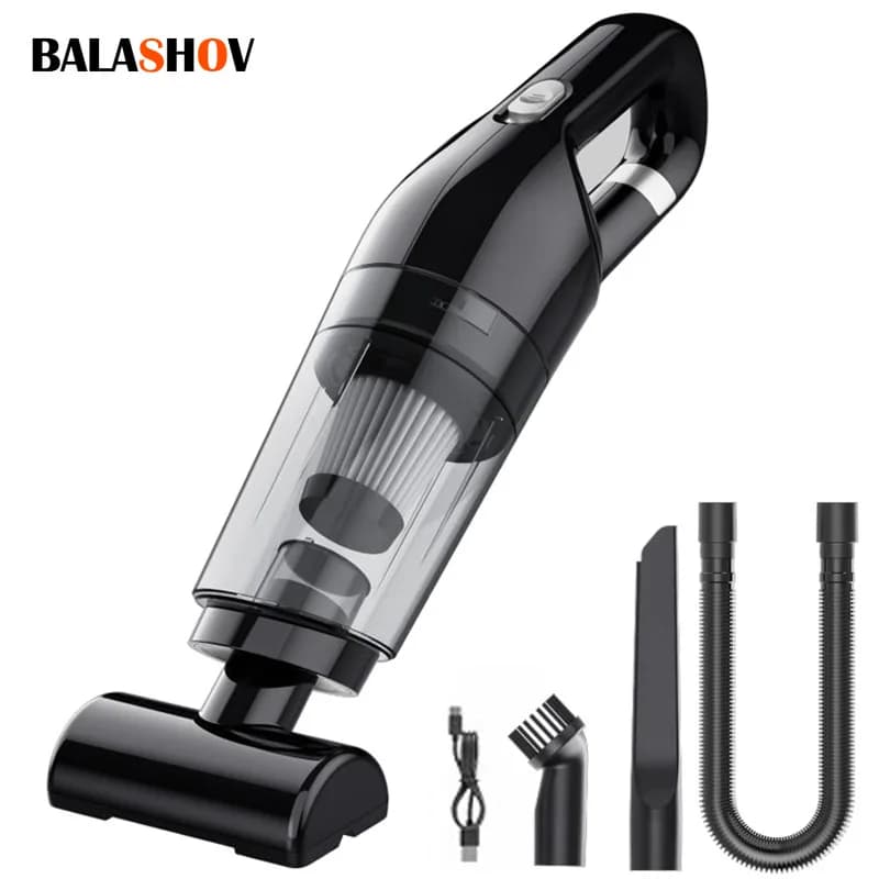 Aspirador de pó portátil recarregável preto com acessórios, escova, tubo extensível e tubo curvo.