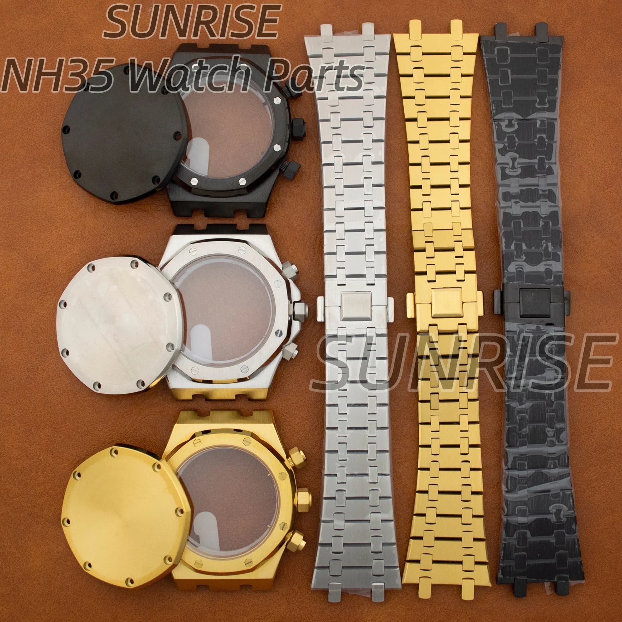 42mm prata rosa ouro preto modificado relógio acessório parte para royal carvalho caixa octogonal 31.8mm dial vk63 ponteiros de movimento de quartzo