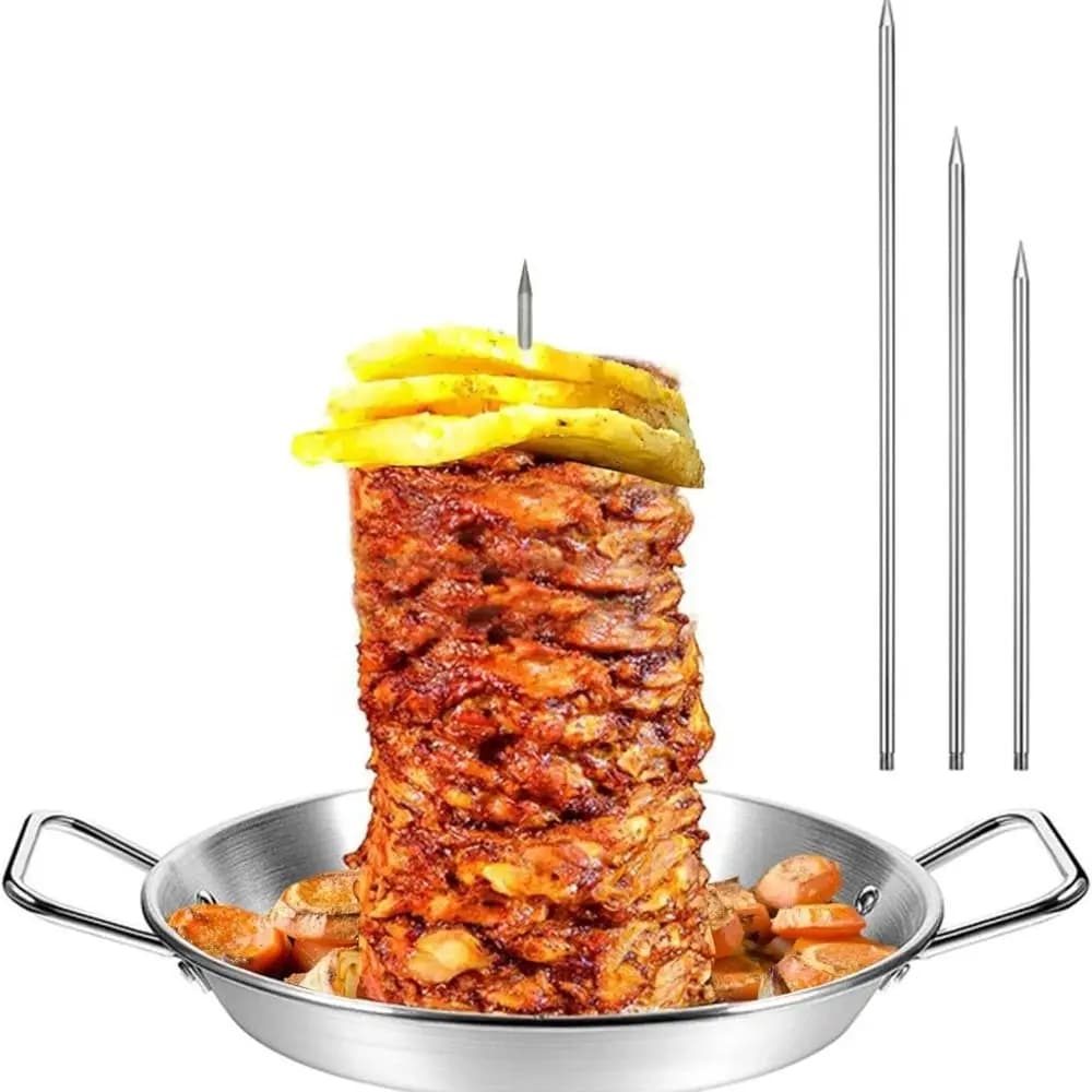Suporte para espetos de shawarma em aço inoxidável com shawarma em um prato de metal