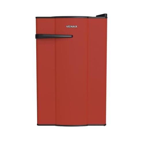Refrigerador vertical vermelho VENAX com porta preta e texto branco