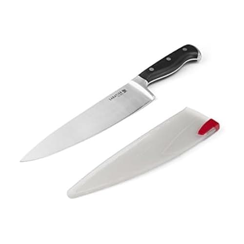 Faca de chef Sabatier de aço inoxidável com bainha autoafiável EdgeKeeper, 20,32 cm, cabo preto, lâmina prateada, bainha transparente com extremidade vermelha