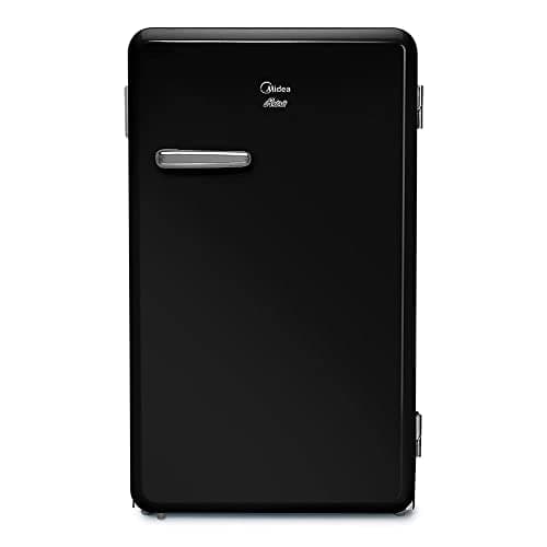 Frigobar retrô preto 95L Midea MRV10P1 com porta de vidro e logotipo