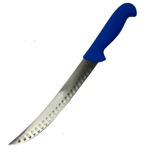 Faca artesanal para churrasco com lâmina de aço inoxidável e cabo azul ergonômico.