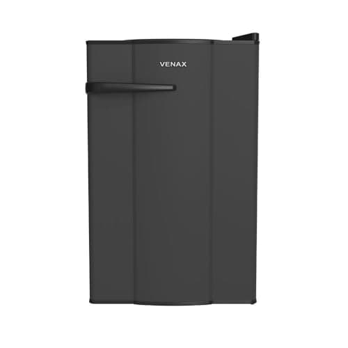 Geladeira compacta preta VENAX com puxador, vista lateral