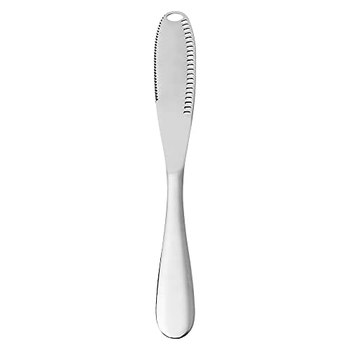 Faca para manteiga 3 em 1 em aço inoxidável, 20 cm, lâmina serrilhada para fácil espalhamento de manteiga, resistente e durável.