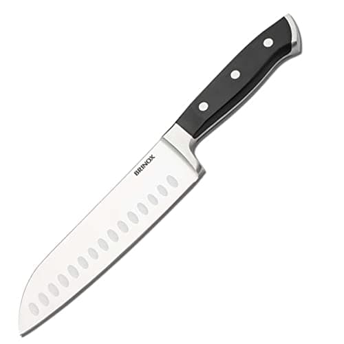 Faca de cozinha Santoku de 7 polegadas da Brinox, cabo preto, lâmina de aço inoxidável com serrilhas