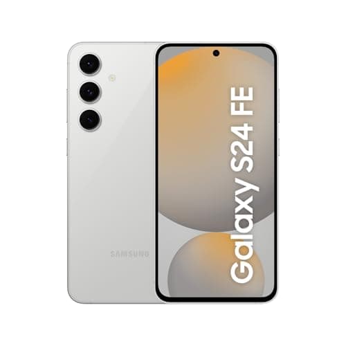 Smartphone Samsung Galaxy S24 FE 5G, cor cinza, fundo branco, câmera traseira tripla