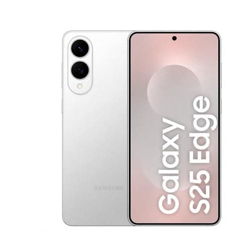Smartphone Samsung Galaxy S25 Edge 5G branco com tela exibindo texto e câmera dupla traseira