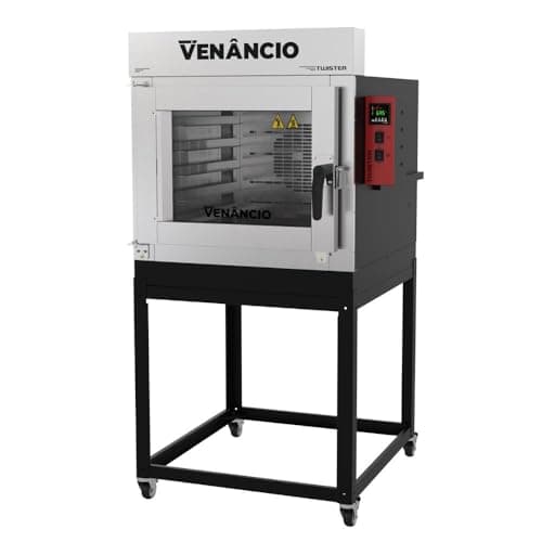Forno Turbo 5 Esteiras a Gás Twister Venâncio com acabamento externo pintado e interno galvanizado, em suporte móvel com rodas.