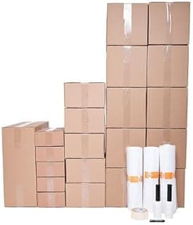 Kit completo para mudança com caixas de papelão reforçadas, plástico bolha, filme stretch com aplicador, fita adesiva e caneta permanente para embalagem e proteção de objetos frágeis.