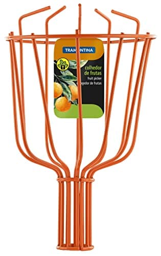 Colhedor de frutas Tramontina, sem cabo, cor laranja, com rótulo informativo.