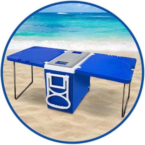 Caixa térmica azul multifuncional com duas mesas e cooler na praia