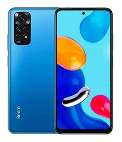Redmi Note 11 Azul Crepúsculo 4GB RAM 128GB ROM, visto de frente e lateral, com câmera traseira e logo 'Redmi'.