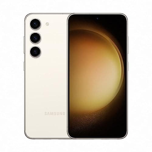 Samsung Galaxy S23 5G creme com câmera tripla e tela ativa mostrando planeta