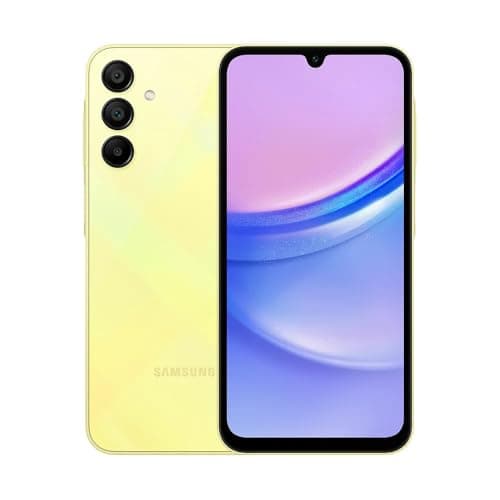 Smartphone Samsung Galaxy A15 4G 128GB cor amarela brilhante, vista frontal e traseira.