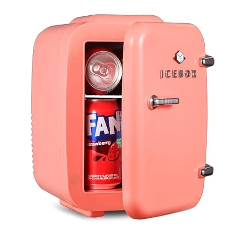 ICEBOX IBMF4BLS Geladeira para quarto, cuidados com a pele, refrigerador portátil e aquecedor de maquilhagem, para escritório e frigorífico doméstico, mini (4 L / 6 latas), vermelho rubor