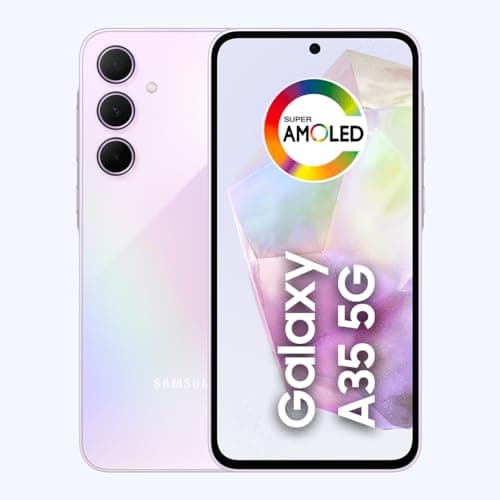 Smartphone Samsung Galaxy A35 5G rosa com tela Super AMOLED e três câmeras traseiras.