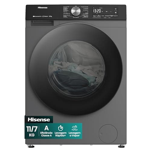 Lavadora e secadora Hisense 11kg/7kg, Wi-Fi, vapor, 13 programas, motor inversor, painel touch, cinza e preto