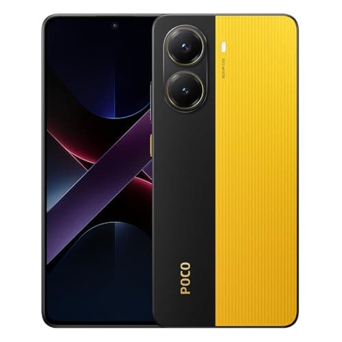 Smartphone Xiaomi Poco X7 Pro 5G NFC 8GB RAM 256GB ROM em amarelo e preto, vista traseira e frontal