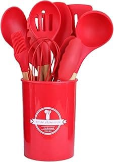 Jogo Utensílios de Cozinha em Silicone Madeira 12 Peças (Vermelho)