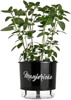 Vaso preto autoirrigável para manjericão com planta verde e texto branco