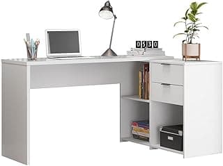 Mesa de Canto Escrivaninha em L Notavel com 2 Gavetas 3 Portas para Escritorio Branco