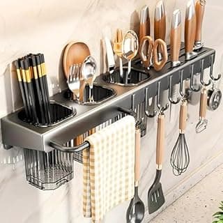 Suporte escorredor porta talheres inox com organizador de utensílios de cozinha para parede, com compartimentos e ganchos para talheres, facas e acessórios, incluindo suporte para toalha.