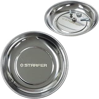 Bandeja magnética circular de 148mm em aço inoxidável da Starfer, com parafusos e porcas magnéticas, fundo branco