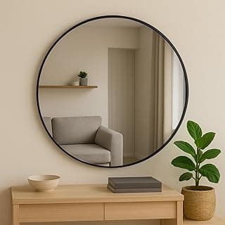 Espelho redondo decorativo grande com suporte preto montado na parede