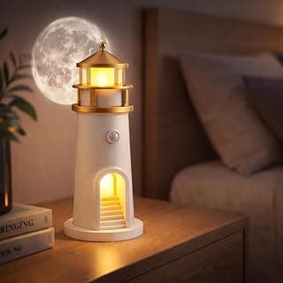 Abajur Luminária de Mesa Quarto Infantil Decoraçao Modelo de Farol LED com Projetor de Lua, Sensor de Movimento e Luz Noturna Quente Recarregável USB