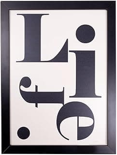 Quadro decorativo com texto 'LiFe' em estilo moderno, fundo branco e moldura preta.