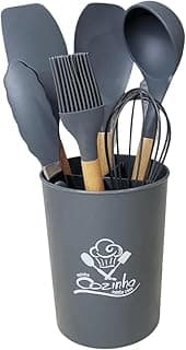 Jogo de Utensílios de Cozinha 7 peças Madeira e Silicone (Cinza)