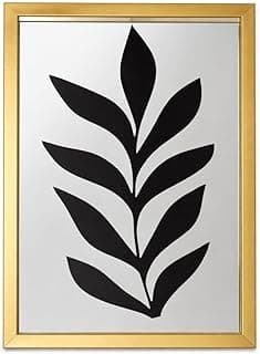 Quadro decorativo folha minimalista em MDF com detalhe espelhado, moldura dourada, 30x50 cm.