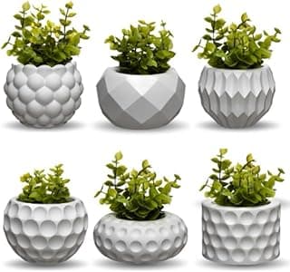 Conjunto de 6 vasos decorativos brancos com plantas artificiais verdes para decoração