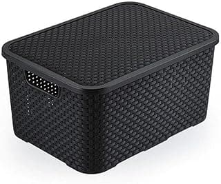 Caixa organizadora de rattan preta com tampa de 15 litros