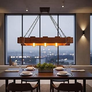 Lustre Pendente Rústico Madeira Caibro Grande 90cm - 3 Bocais E27 com Corda de Sisal e Corrente Antiferrugem para Área Gourmet e Churrasqueira