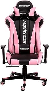 Cadeira gamer MAX RACER rosa e preta, ergonômica, giratória, com rodas e apoios laterais.