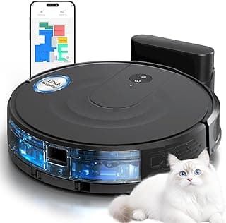 Combo robô de aspirador e esfregão com navegação LiDAR, design ultrafino, preto e azul, com interface de mapa no smartphone