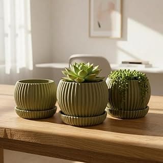 Kit 3 vasos decorativos verde oliva para suculentas com design canelado