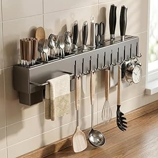 Suporte de utensílios de cozinha com 10 ganchos, organizador suspenso com cesto para talheres e facas, instalação sem furos ou parafusos