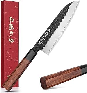 Faca Santoku HEZHEN 18,5 cm com cabo de madeira e lâmina texturizada