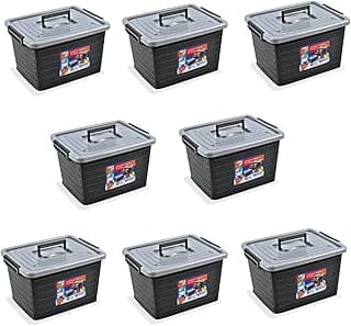 Kit 8 caixas organizadoras pretas 35 litros Arqplast com tampas cinzentas