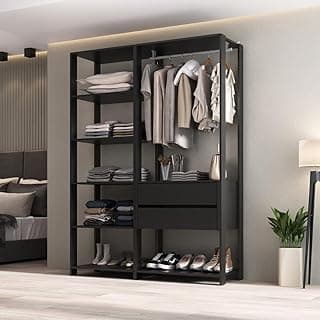 Guarda-roupas modular preto com 135cm, duas peças, duas gavetas e cabideiro, em ambiente de quarto