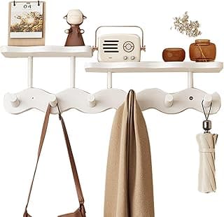 Cabide de parede com prateleira, cabide de madeira com 6 ganchos resistentes, design montado em broca para pendurar roupas, chapéus, toalhas, bolsas e roupões (branco)